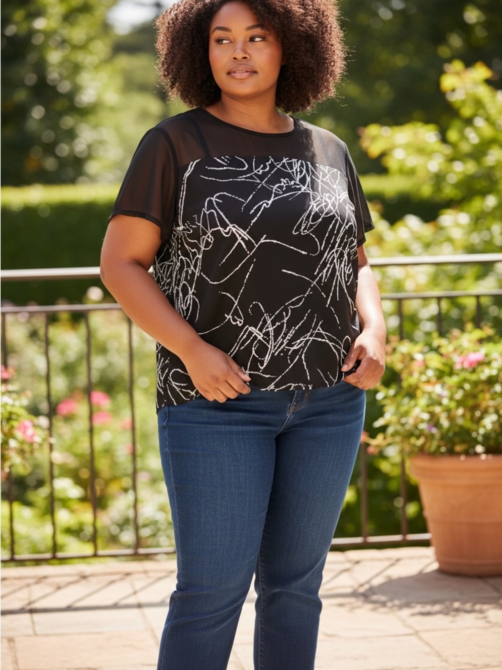 Ava & Viv Black Top with White Scribble Print